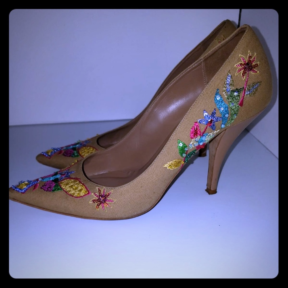 Intricately Embroidered Canvas Heels